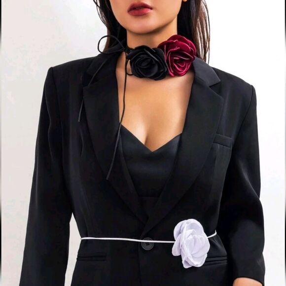 Vintage Camellia Rose Ribbon Set Chockers Set of 3 Black Red White NWT - Picture 1 of 4